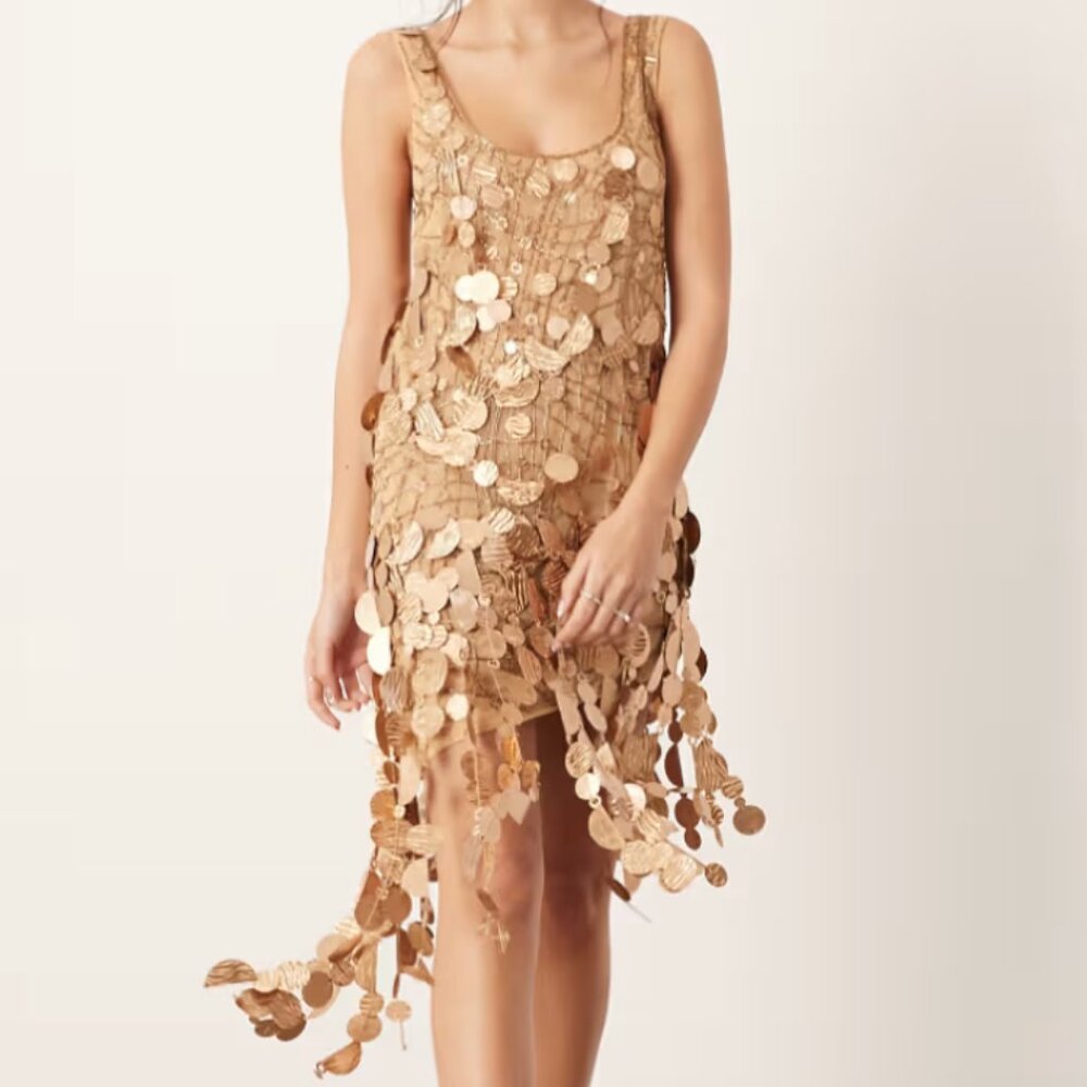 ASOS sheer lattice sequin mini dress with fringe in bronze Sz 0